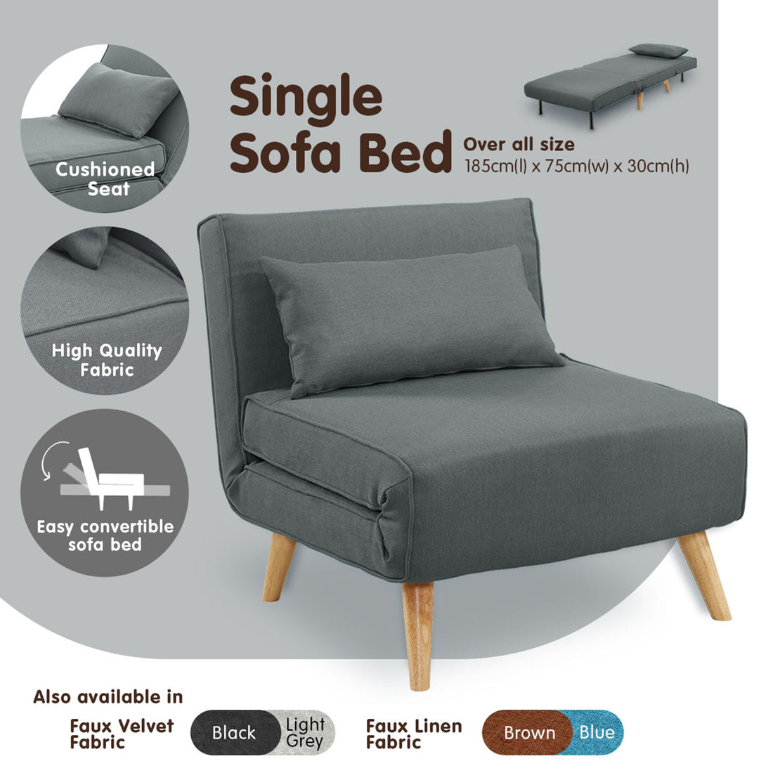 Sarantino Adjustable Chair Single Sofa Bed Faux Linen - Dark Grey-Furniture > Sofas-PEROZ Accessories