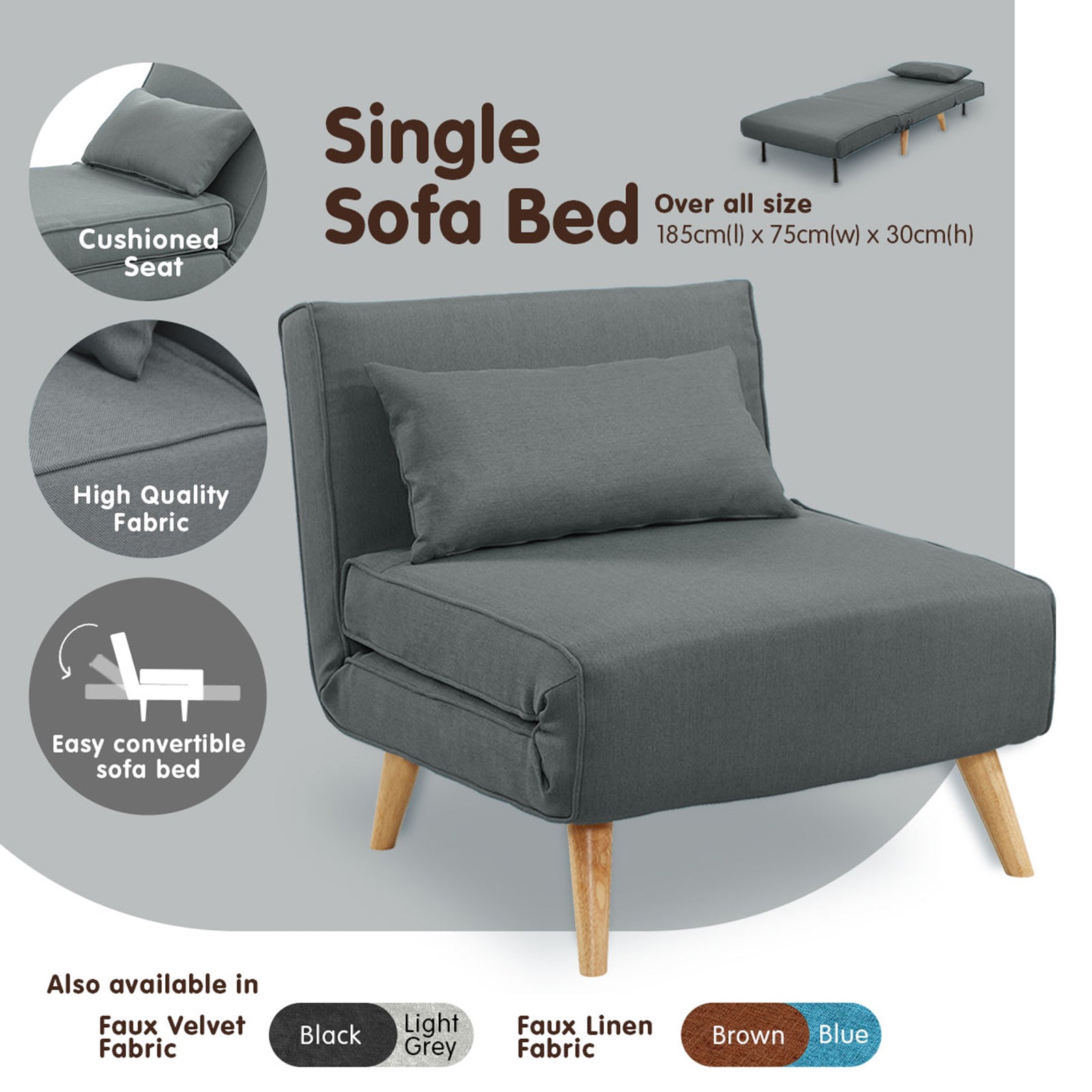 Sarantino Adjustable Chair Single Sofa Bed Faux Linen - Dark Grey-Furniture &gt; Sofas-PEROZ Accessories