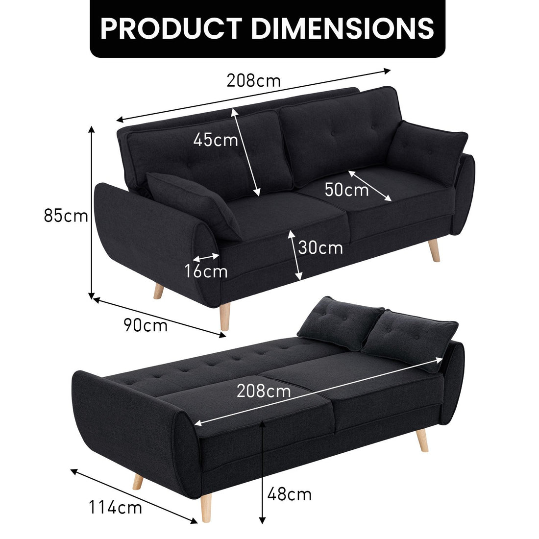 Sarantino 3 Seater Modular Linen Fabric Sofa Bed Couch Futon Suite - Black-Furniture &gt; Sofas-PEROZ Accessories