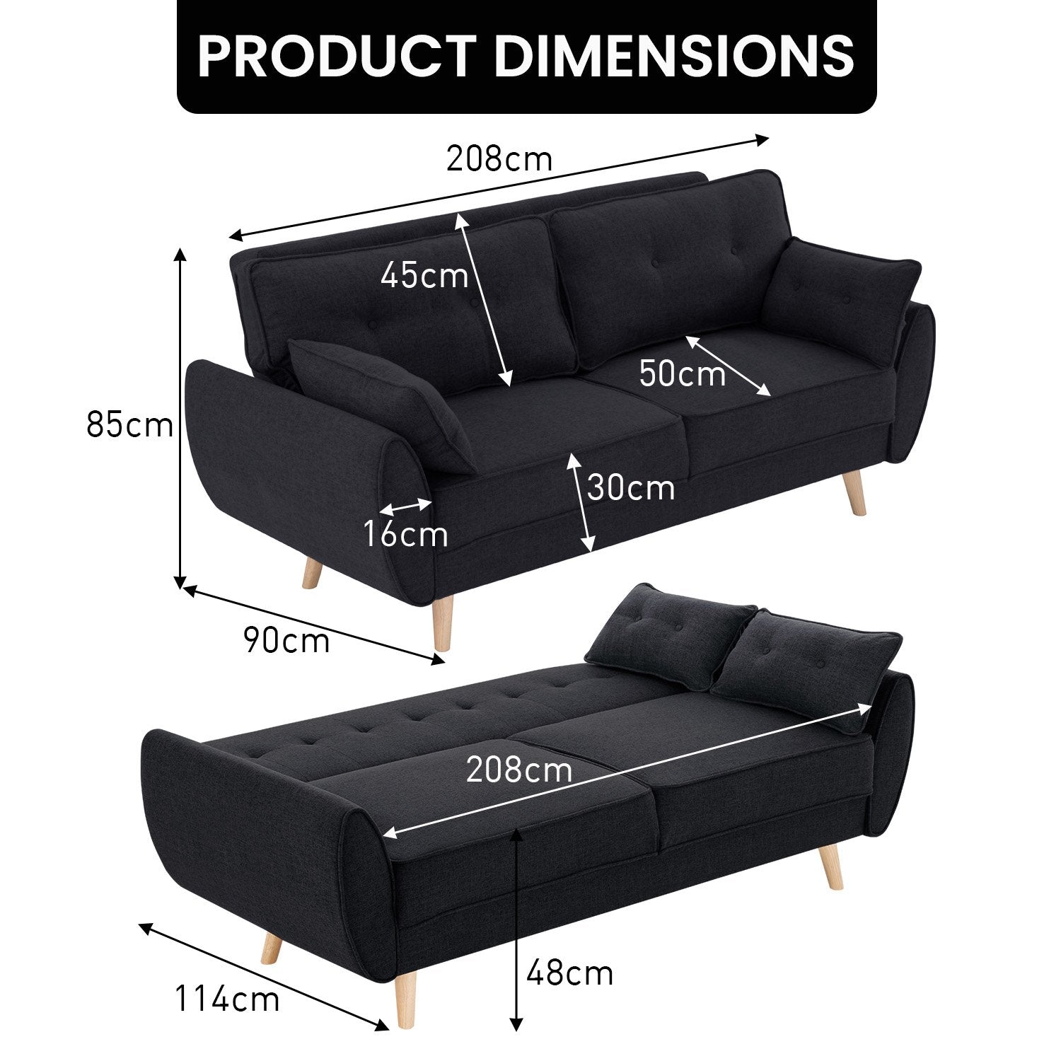 Sarantino 3 Seater Modular Linen Fabric Sofa Bed Couch Futon Suite - Black-Furniture &gt; Sofas-PEROZ Accessories