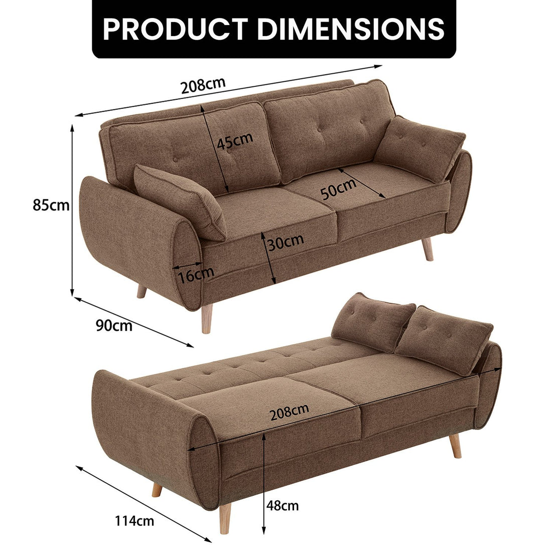Sarantino 3 Seater Modular Linen Fabric Sofa Bed Couch Futon Suite - Brown-Furniture &gt; Sofas-PEROZ Accessories
