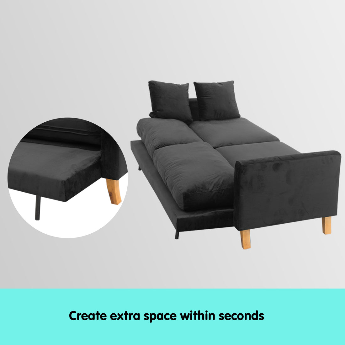 Sarantino 3 Seater Faux Velvet Wooden Sofa Bed Couch Furniture - Black-Furniture &gt; Sofas-PEROZ Accessories