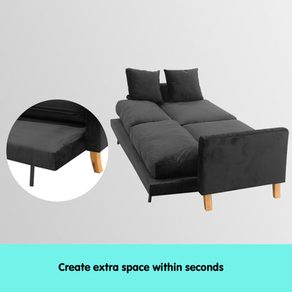 Sarantino 3 Seater Faux Velvet Wooden Sofa Bed Couch Furniture - Black-Furniture &gt; Sofas-PEROZ Accessories