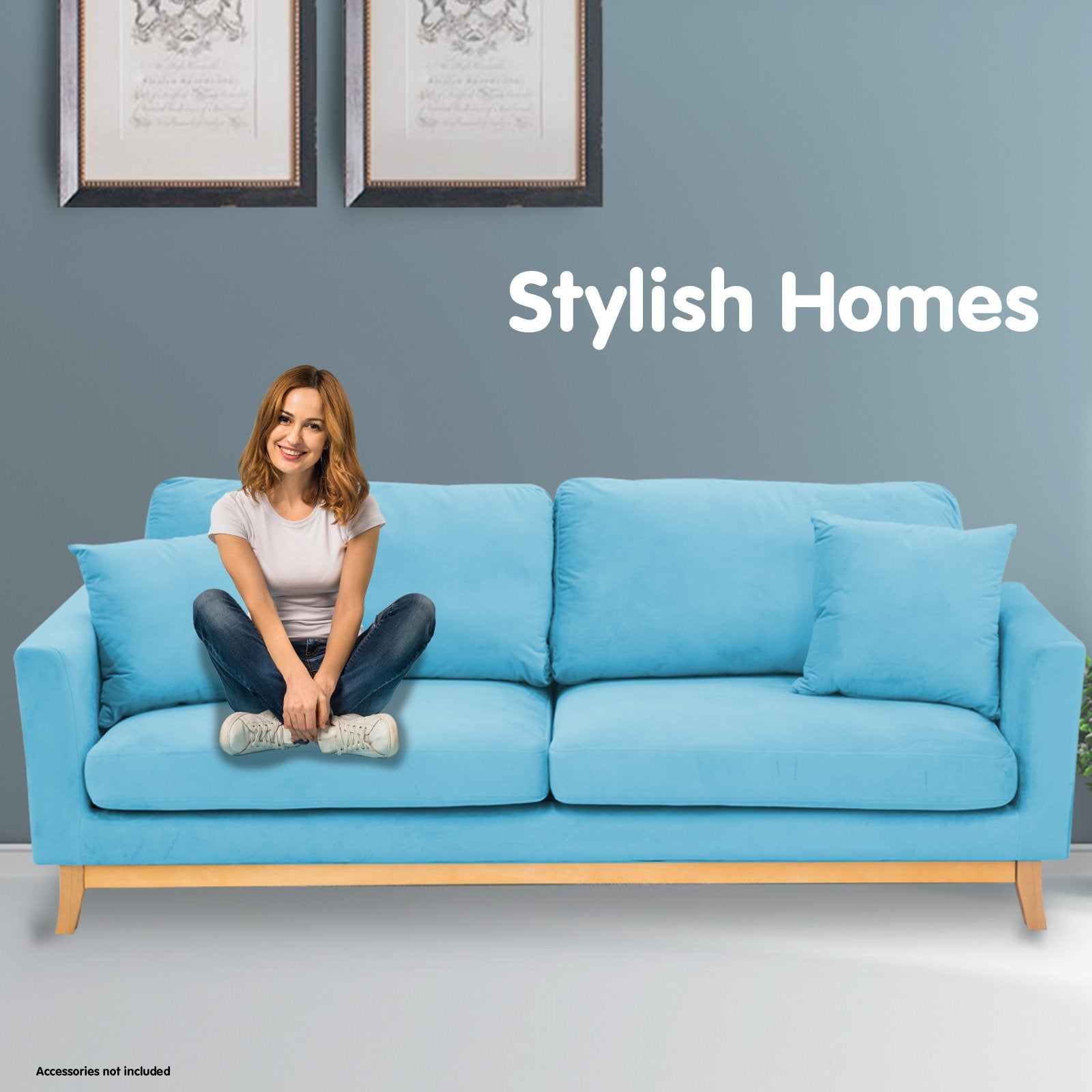 Sarantino 3 Seater Faux Velvet Wooden Sofa Bed Couch Furniture - Blue-Furniture &gt; Sofas-PEROZ Accessories