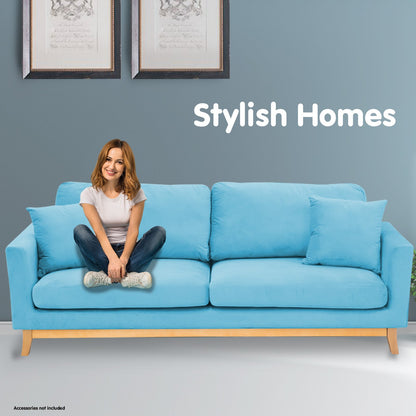 Sarantino 3 Seater Faux Velvet Wooden Sofa Bed Couch Furniture - Blue-Furniture &gt; Sofas-PEROZ Accessories