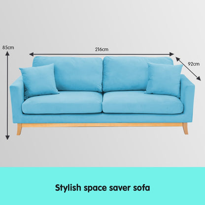 Sarantino 3 Seater Faux Velvet Wooden Sofa Bed Couch Furniture - Blue-Furniture &gt; Sofas-PEROZ Accessories