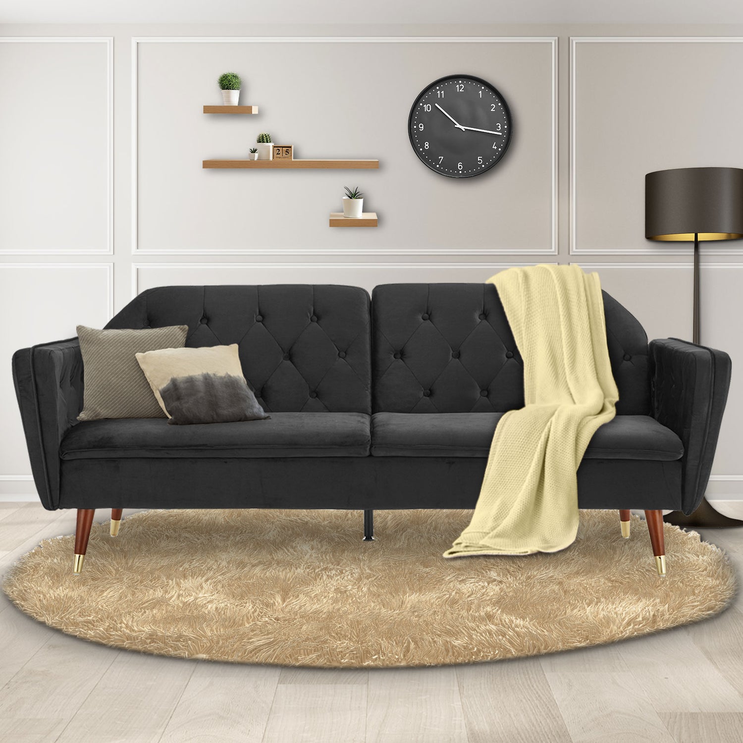 Sarantino Faux Velvet Tufted Sofa Bed Couch Futon - Black-Furniture &gt; Sofas-PEROZ Accessories