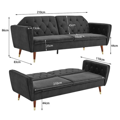 Sarantino Faux Velvet Tufted Sofa Bed Couch Futon - Black-Furniture &gt; Sofas-PEROZ Accessories