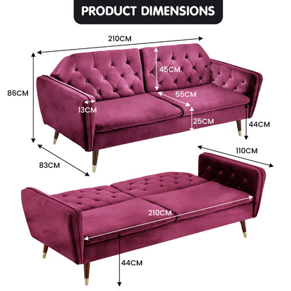 Sarantino Faux Velvet Tufted Sofa Bed Couch Futon - Burgundy-Furniture &gt; Sofas-PEROZ Accessories