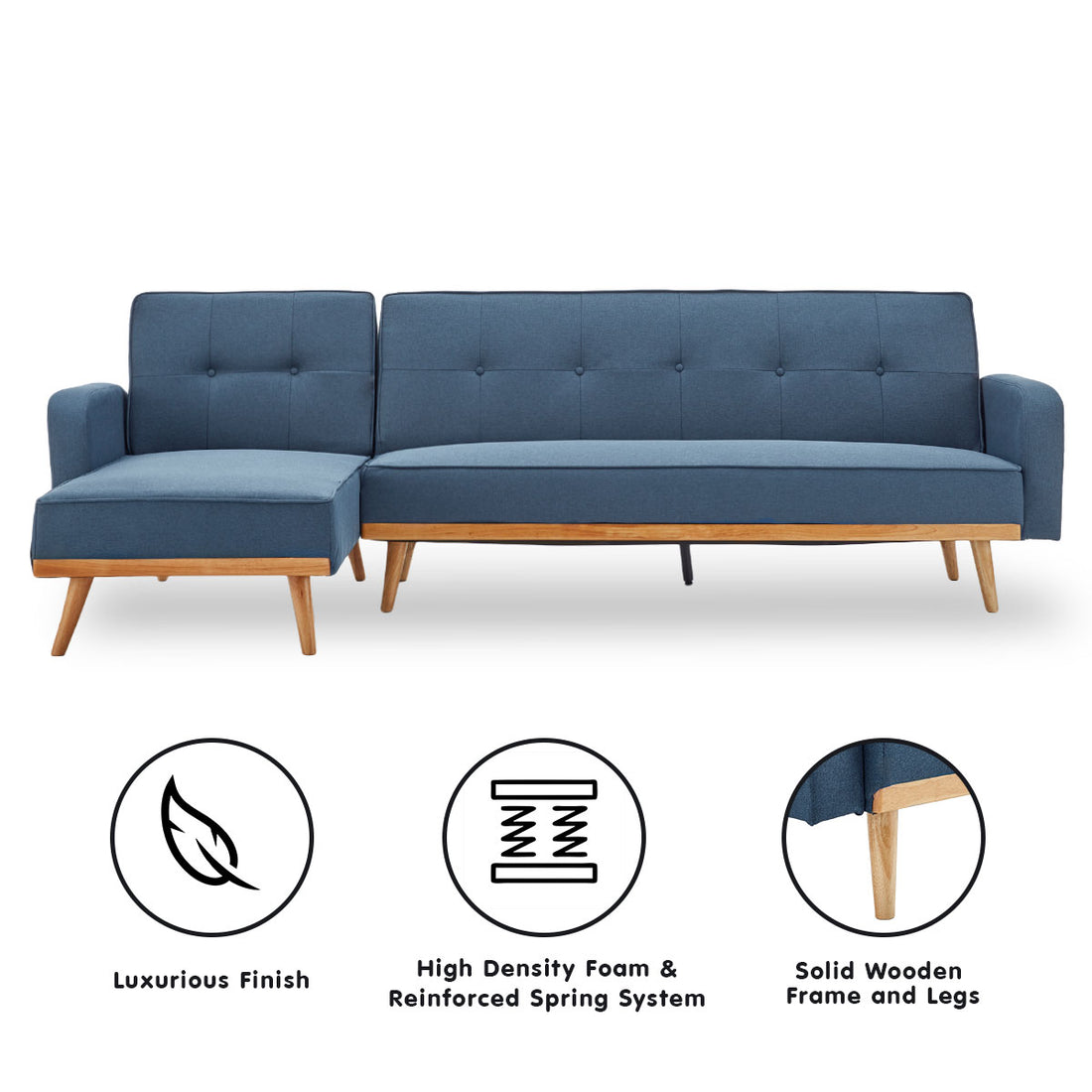 Sarantino 3-Seater Corner Sofa Bed with Chaise Lounge - Blue-Furniture &gt; Sofas-PEROZ Accessories