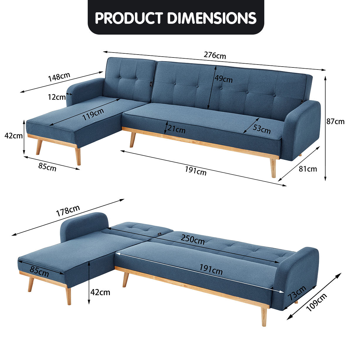 Sarantino 3-Seater Corner Sofa Bed with Chaise Lounge - Blue-Furniture &gt; Sofas-PEROZ Accessories