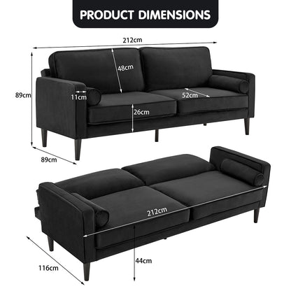 Sarantino Faux Velvet Sofa Bed Couch Furniture Lounge Suite - Black-Furniture &gt; Sofas-PEROZ Accessories