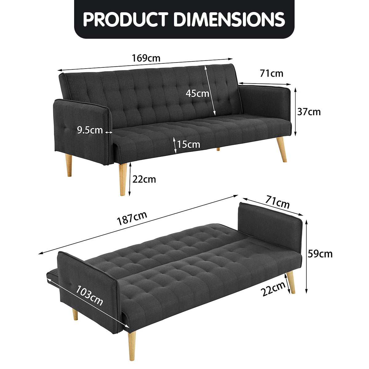 Sarantino 3 Seater Modular Linen Fabric Sofa Bed Couch - Black-Furniture &gt; Sofas-PEROZ Accessories