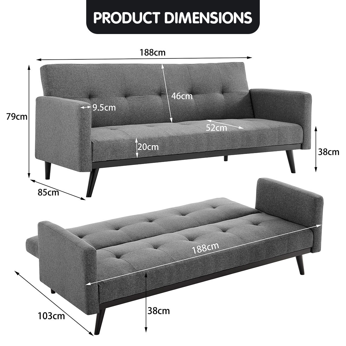 Sarantino Tufted Faux Linen 3-Seater Sofa Bed with Armrests - Light Grey-Furniture &gt; Sofas-PEROZ Accessories