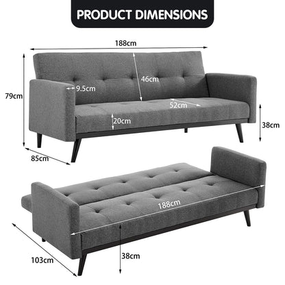 Sarantino Tufted Faux Linen 3-Seater Sofa Bed with Armrests - Light Grey-Furniture &gt; Sofas-PEROZ Accessories