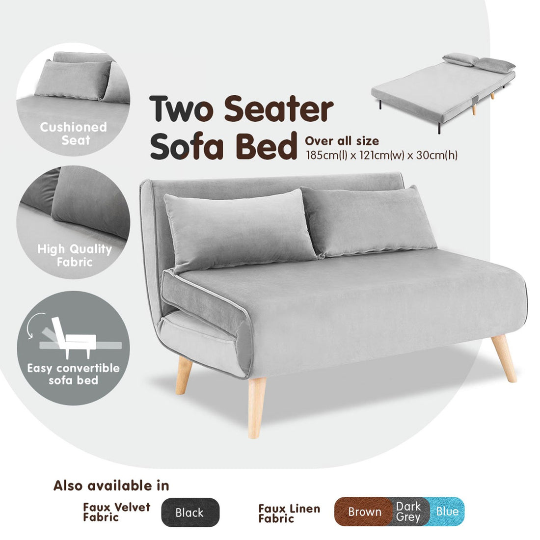 Sarantino 2-Seater Adjustable Sofa Bed Lounge Faux Velvet - Light Grey-Furniture > Sofas-PEROZ Accessories
