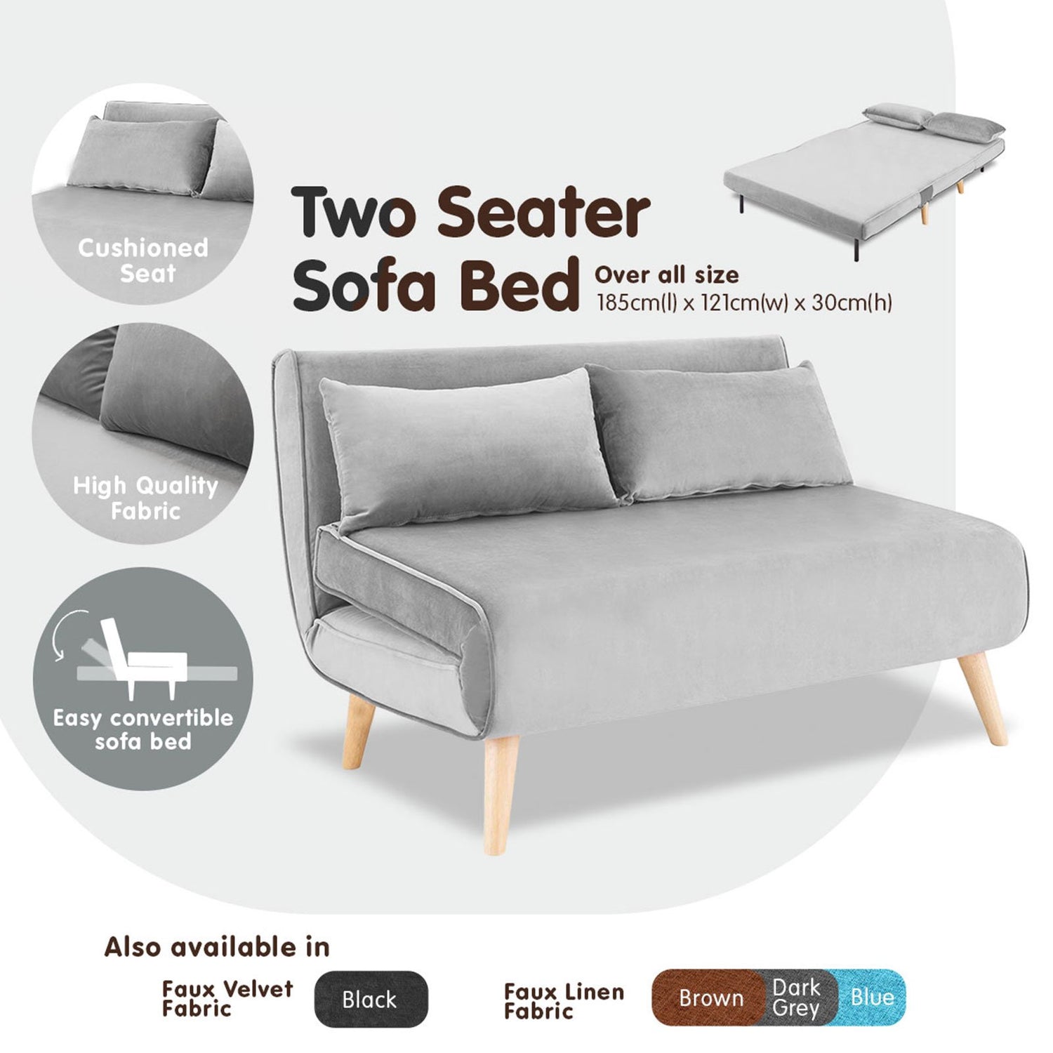 Sarantino 2-Seater Adjustable Sofa Bed Lounge Faux Velvet - Light Grey-Furniture &gt; Sofas-PEROZ Accessories
