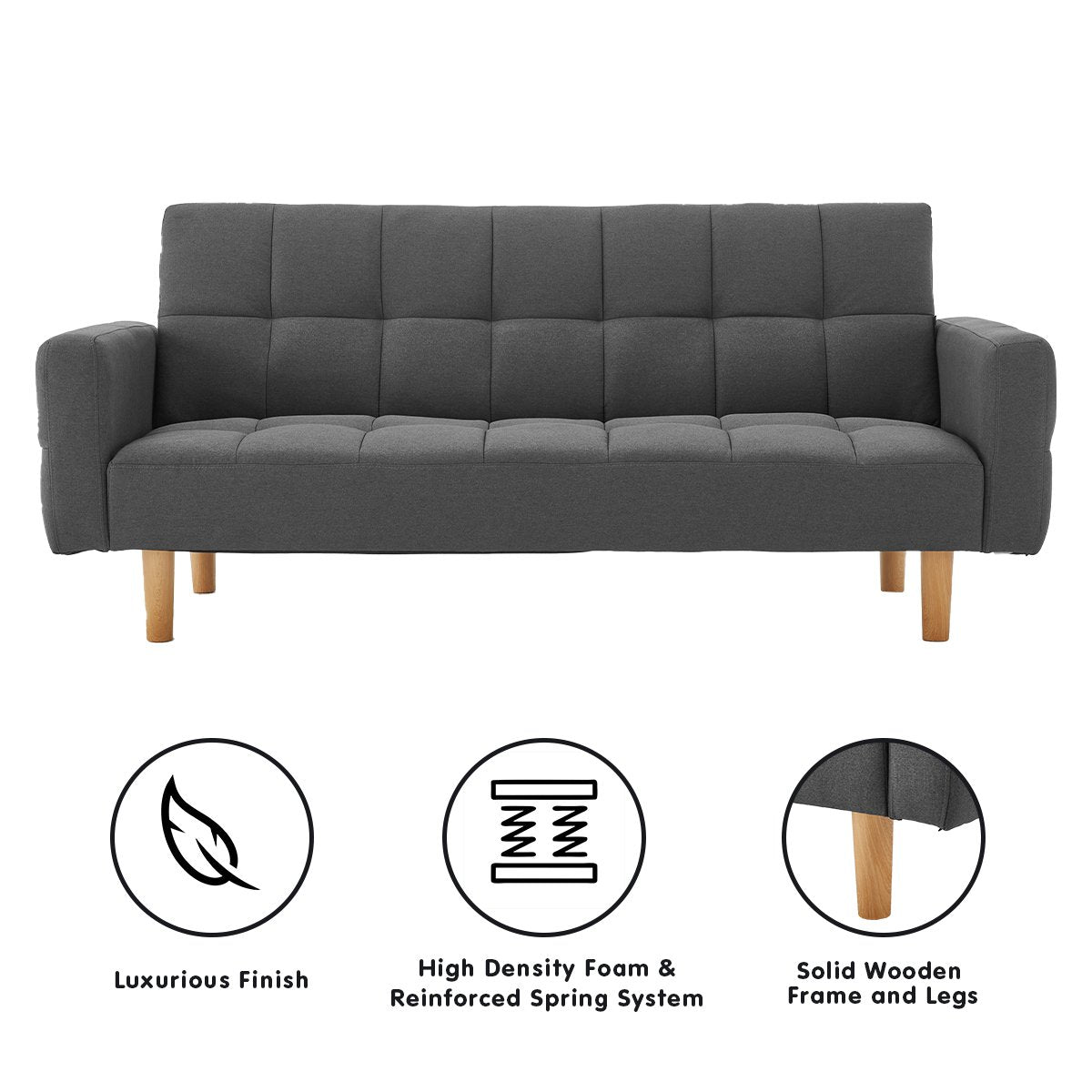 Sarantino 3-Seater Fabric Sofa Bed Futon - Dark Grey-Furniture &gt; Sofas-PEROZ Accessories
