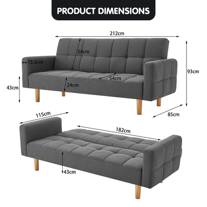 Sarantino 3-Seater Fabric Sofa Bed Futon - Dark Grey-Furniture &gt; Sofas-PEROZ Accessories