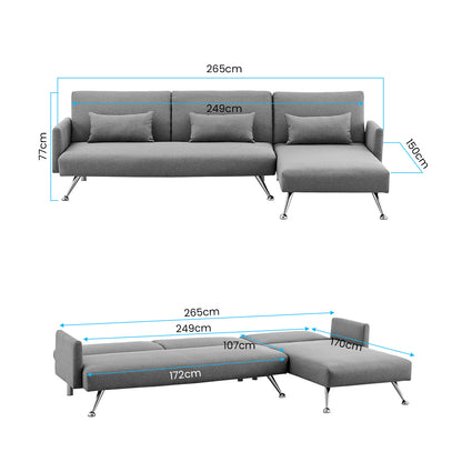 Sarantino Mia 3-Seater Corner Sofa Bed Chaise and Pillows Dark Grey-Furniture &gt; Sofas-PEROZ Accessories