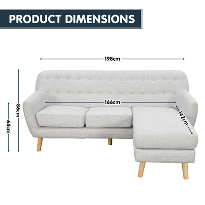 Sarantino Linen Corner Wooden Sofa Lounge L-shaped with Left Chaise Light Grey-Furniture &gt; Sofas-PEROZ Accessories