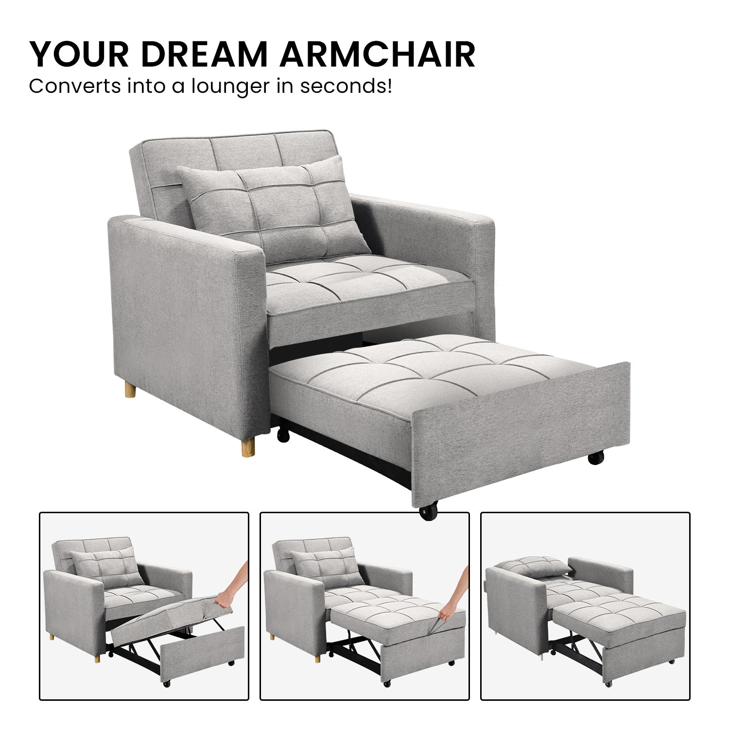 Sarantino Suri 3-in-1 Convertible Sofa Chair Bed Lounger - Light Grey-Furniture &gt; Sofas-PEROZ Accessories