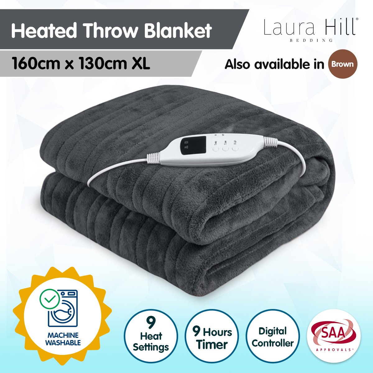 Laura Hill Heated Electric Blanket Throw Rug Coral Warm Fleece Grey-Home &amp; Garden &gt; Bedding-PEROZ Accessories