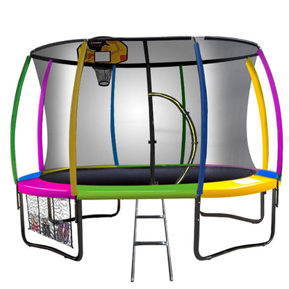 Kahuna 12ft Outdoor Trampoline Kids Children With Safety Enclosure Pad Mat Ladder Basketball Hoop Set - Rainbow-Sports &amp; Fitness &gt; Trampolines-PEROZ Accessories