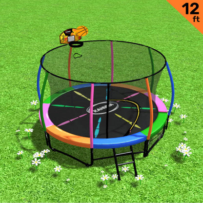 Kahuna 12ft Outdoor Trampoline Kids Children With Safety Enclosure Pad Mat Ladder Basketball Hoop Set - Rainbow-Sports &amp; Fitness &gt; Trampolines-PEROZ Accessories