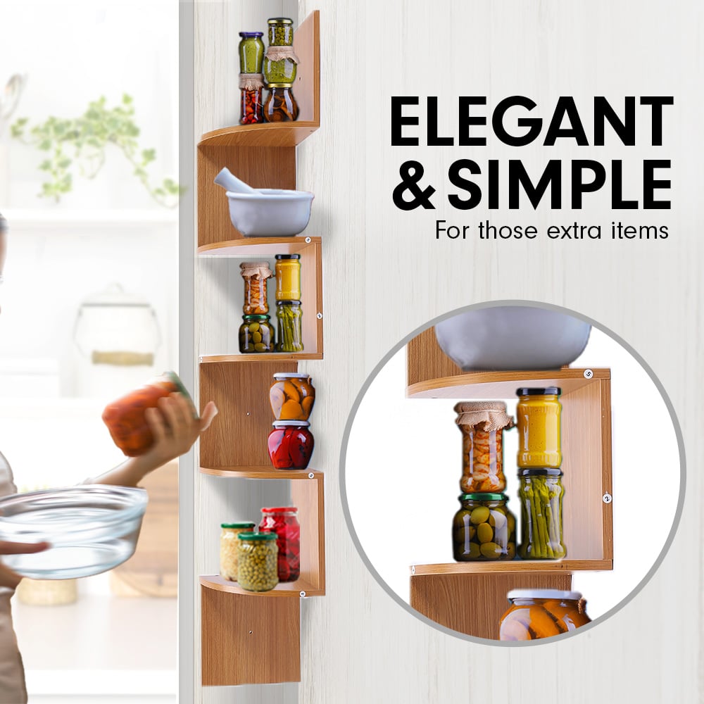 Sarantino 5 Tier Corner Wall Shelf Display Shelves Dvd Book Storag Rack Floating Mounted - Beech-Furniture &gt; Living Room-PEROZ Accessories