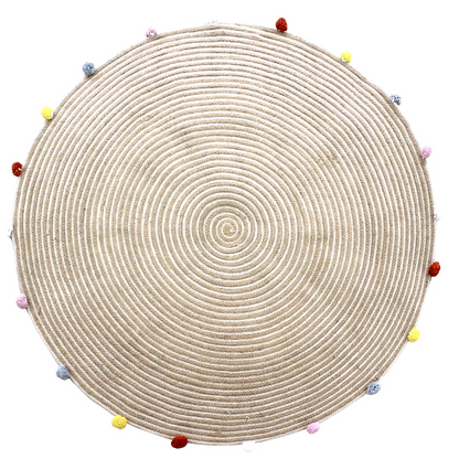 Round Woven Jute Cotton Multicolour Pompom Rug 120 cm-Home &amp; Garden &gt; Rugs-PEROZ Accessories