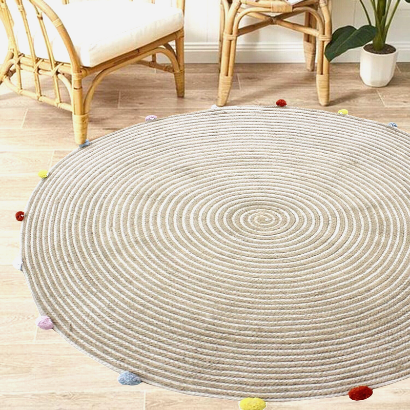 Round Woven Jute Cotton Multicolour Pompom Rug 120 cm-Home &amp; Garden &gt; Rugs-PEROZ Accessories