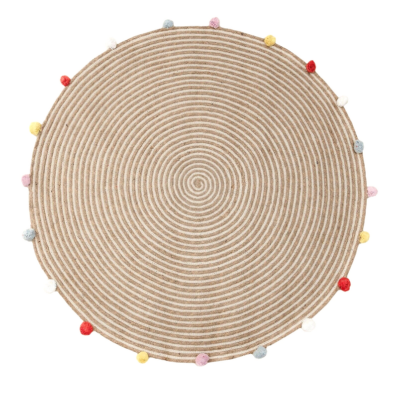 Round Woven Jute Cotton Multicolour Pompom Rug 120 cm-Home &amp; Garden &gt; Rugs-PEROZ Accessories