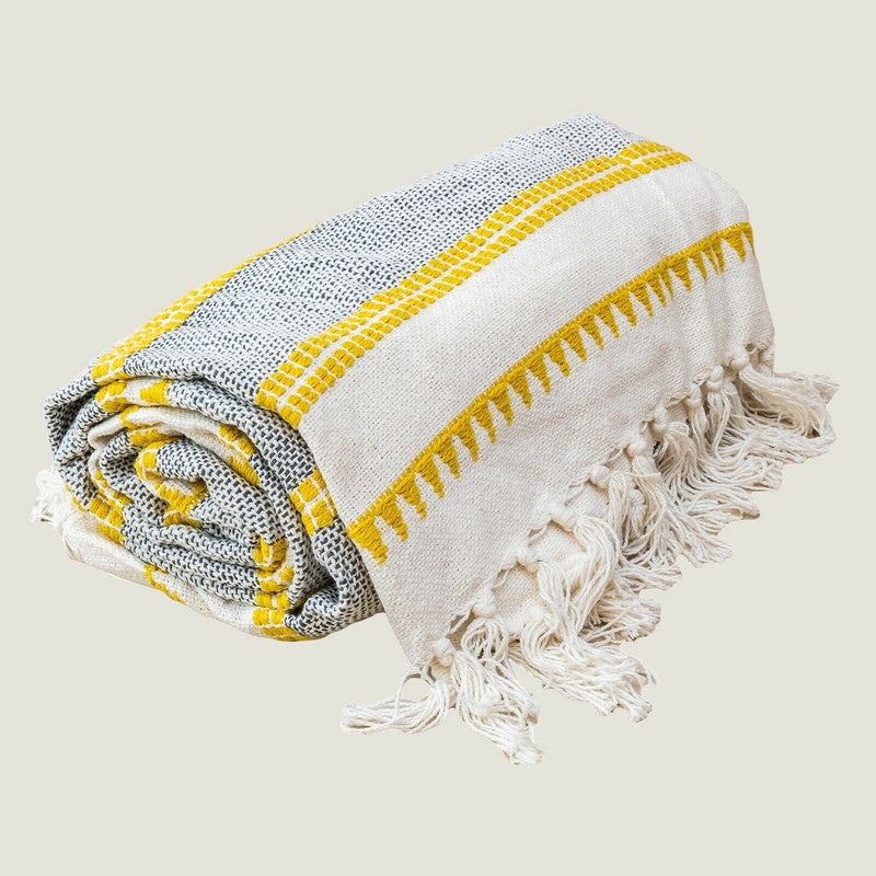 Woven Jacquard Tassel Natural Yellow Stripe Bed Sofa Throw 127 x 152 cm-Home &amp; Garden &gt; Rugs-PEROZ Accessories