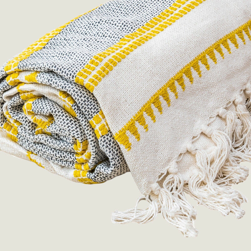 Woven Jacquard Tassel Natural Yellow Stripe Bed Sofa Throw 127 x 152 cm-Home &amp; Garden &gt; Rugs-PEROZ Accessories
