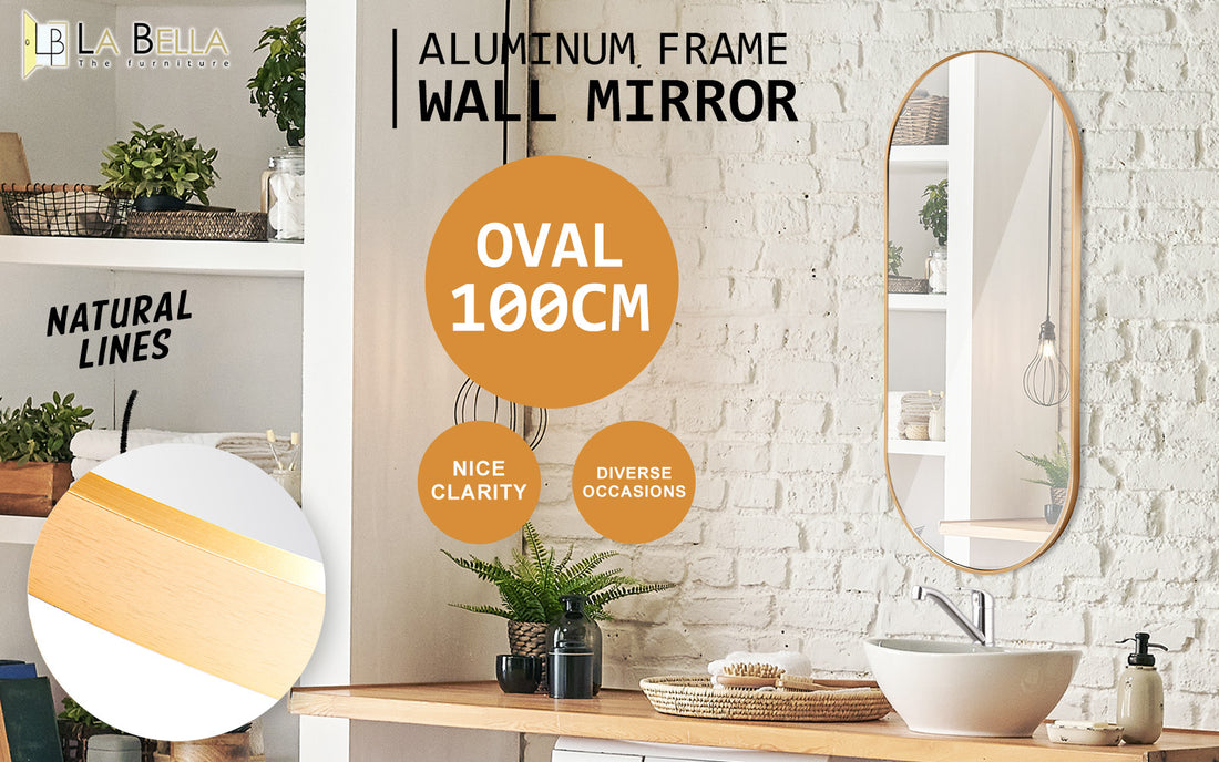 La Bella Gold Wall Mirror Oval Aluminum Frame Makeup Decor Bathroom Vanity 45x100cm-Health &amp; Beauty &gt; Makeup Mirrors-PEROZ Accessories