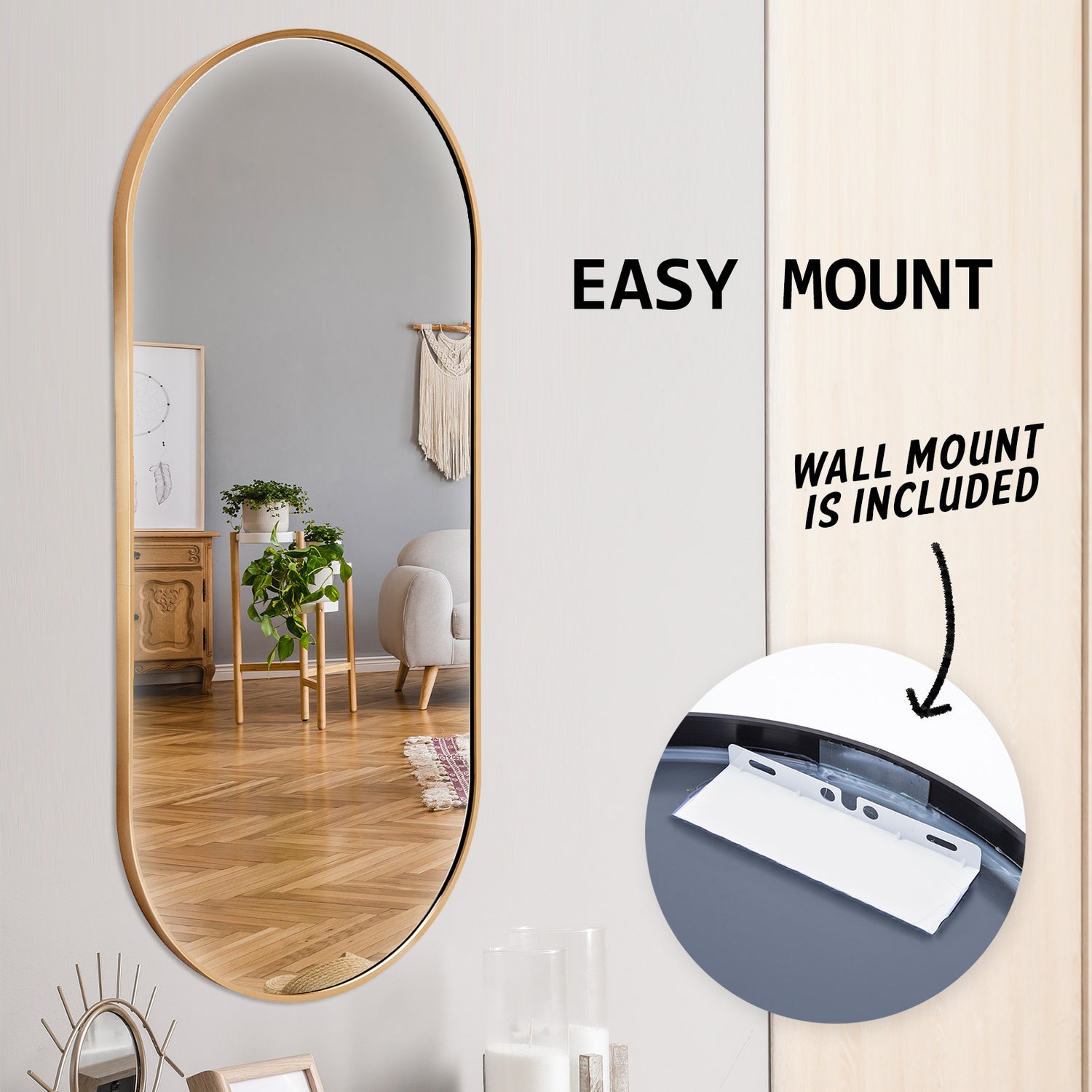 La Bella Gold Wall Mirror Oval Aluminum Frame Makeup Decor Bathroom Vanity 45x100cm-Health &amp; Beauty &gt; Makeup Mirrors-PEROZ Accessories