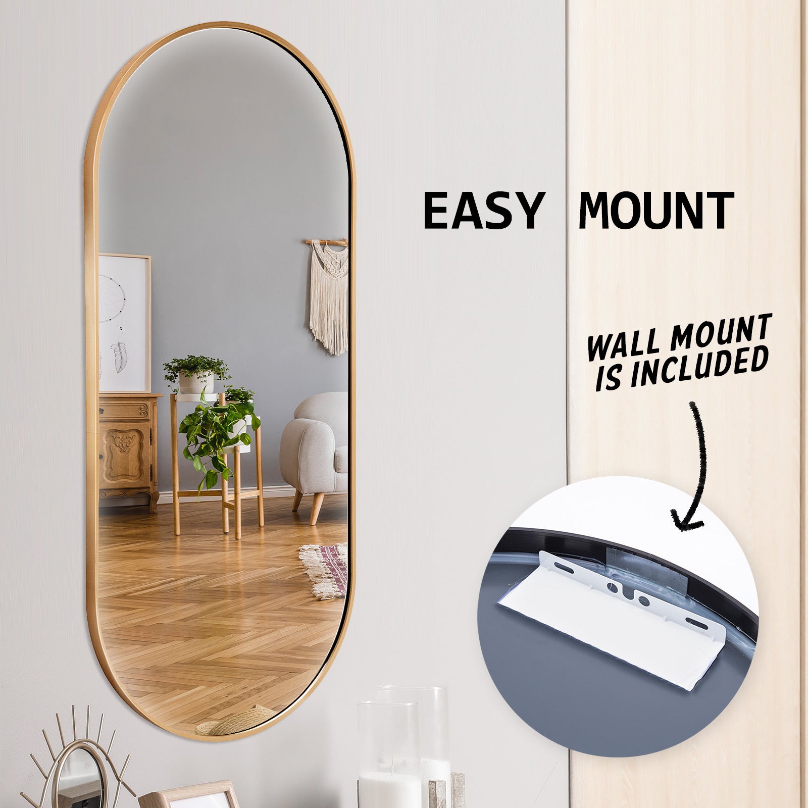 La Bella Gold Wall Mirror Oval Aluminum Frame Makeup Decor Bathroom Vanity 45x100cm-Health &amp; Beauty &gt; Makeup Mirrors-PEROZ Accessories