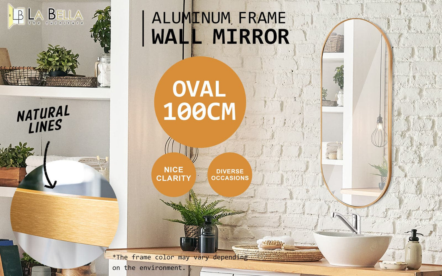 2 Set La Bella Gold Wall Mirror Oval Aluminum Frame Makeup Decor Bathroom Vanity 45x100cm-Health &amp; Beauty &gt; Makeup Mirrors-PEROZ Accessories