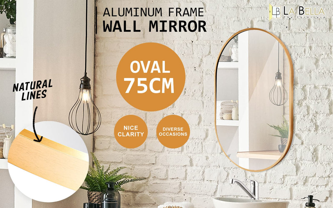 La Bella Gold Wall Mirror Oval Aluminum Frame Makeup Decor Bathroom Vanity 50 x 75cm-Health &amp; Beauty &gt; Makeup Mirrors-PEROZ Accessories