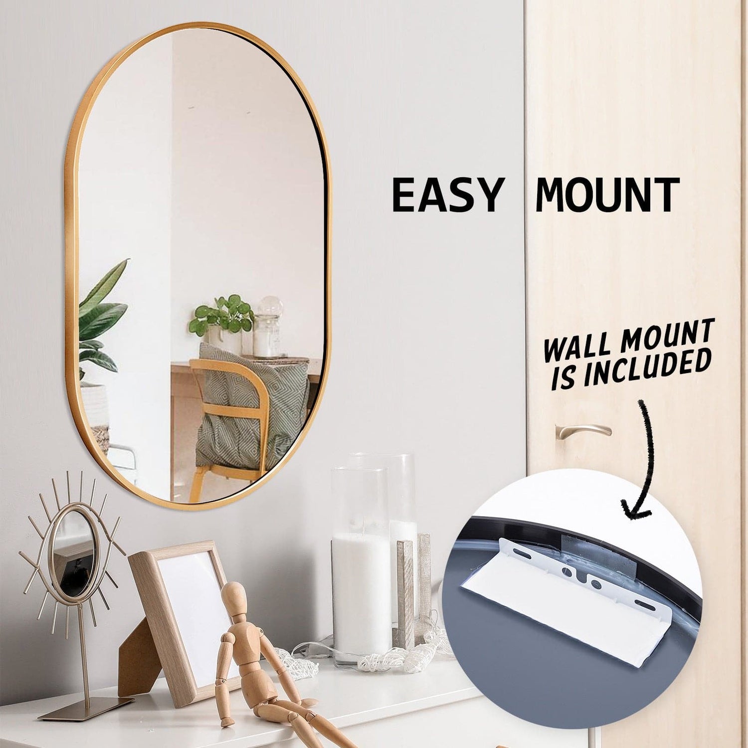 La Bella Gold Wall Mirror Oval Aluminum Frame Makeup Decor Bathroom Vanity 50 x 75cm-Health &amp; Beauty &gt; Makeup Mirrors-PEROZ Accessories