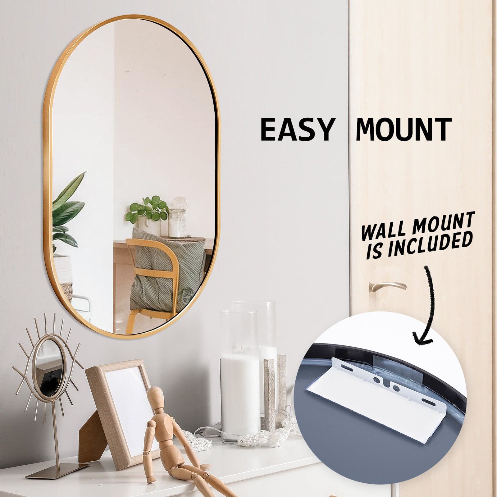 La Bella Gold Wall Mirror Oval Aluminum Frame Makeup Decor Bathroom Vanity 50 x 75cm-Health &amp; Beauty &gt; Makeup Mirrors-PEROZ Accessories