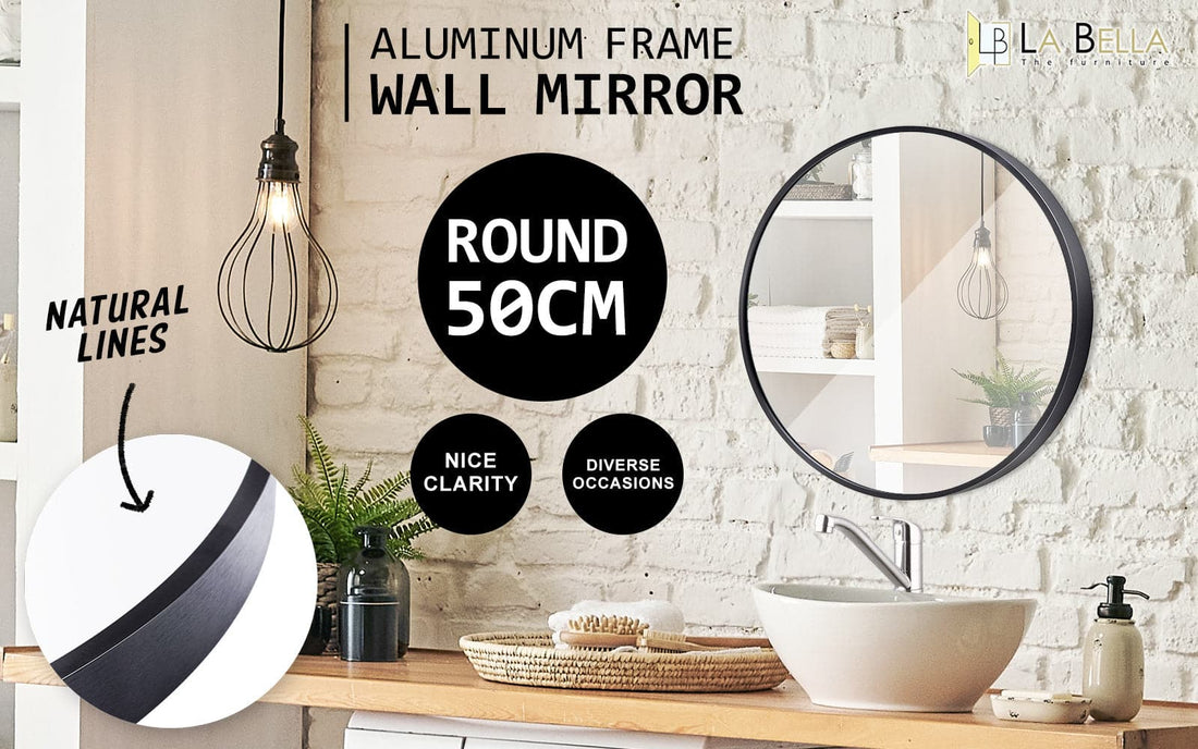 La Bella Black Wall Mirror Round Aluminum Frame Makeup Decor Bathroom Vanity 50cm-Health &amp; Beauty &gt; Makeup Mirrors-PEROZ Accessories