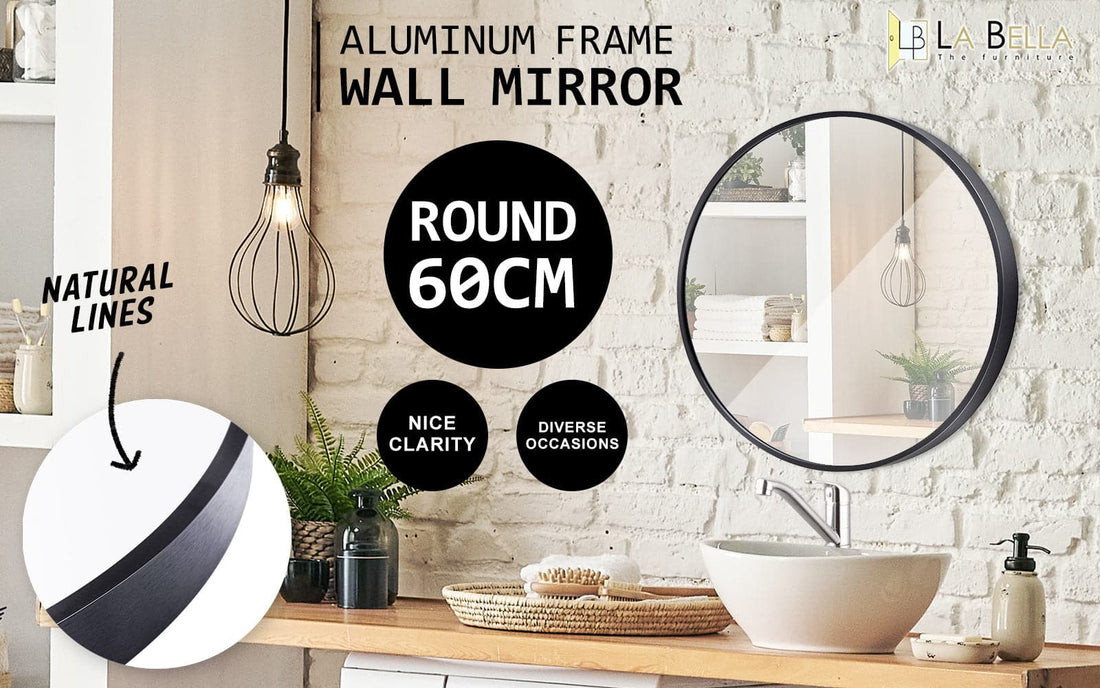 La Bella Black Wall Mirror Round Aluminum Frame Makeup Decor Bathroom Vanity 60cm-Health &amp; Beauty &gt; Makeup Mirrors-PEROZ Accessories