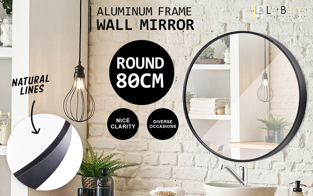 2 Set La Bella Black Wall Mirror Round Aluminum Frame Makeup Decor Bathroom Vanity 80cm-Health &amp; Beauty &gt; Makeup Mirrors-PEROZ Accessories