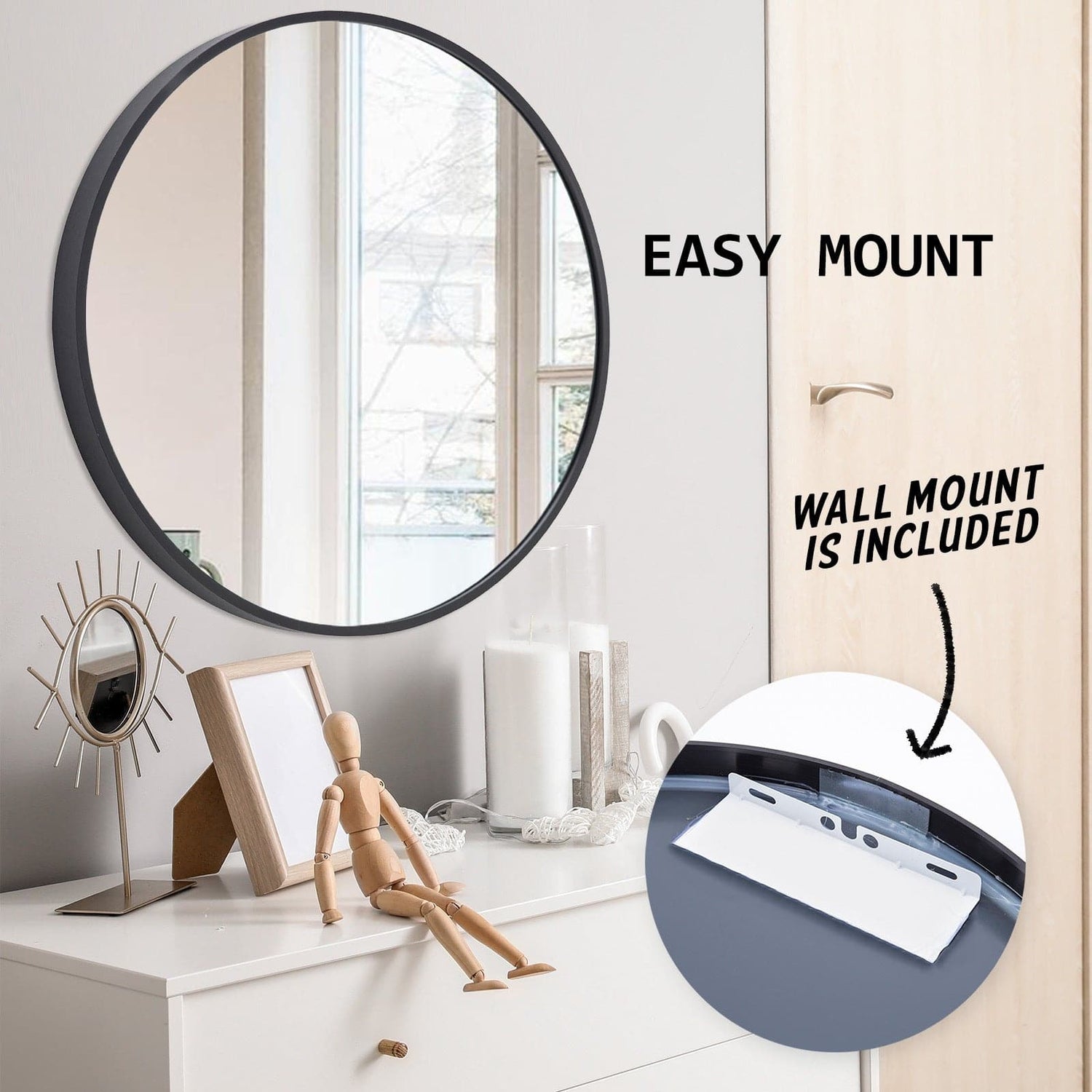 2 Set La Bella Black Wall Mirror Round Aluminum Frame Makeup Decor Bathroom Vanity 80cm-Health &amp; Beauty &gt; Makeup Mirrors-PEROZ Accessories