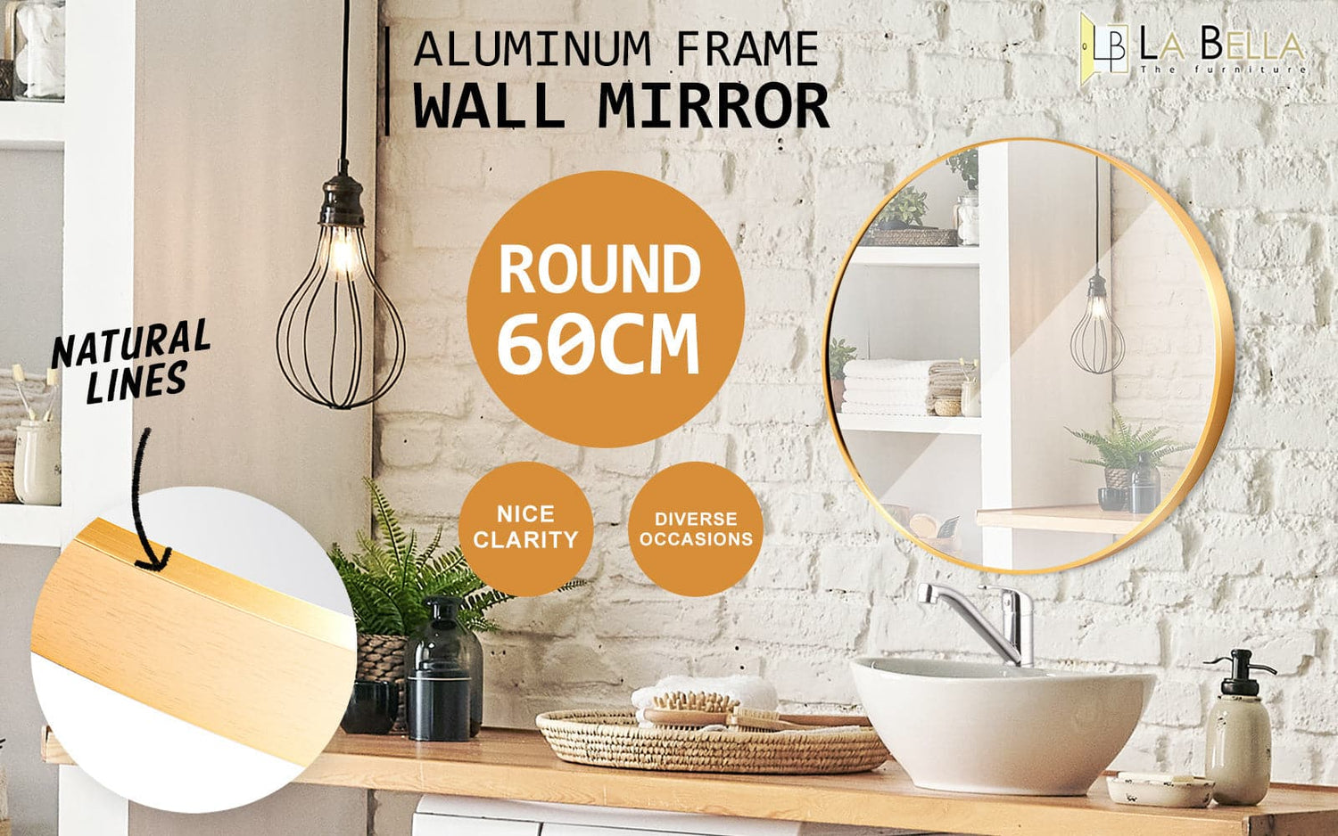 La Bella Gold Wall Mirror Round Aluminum Frame Makeup Decor Bathroom Vanity 60cm-Health &amp; Beauty &gt; Makeup Mirrors-PEROZ Accessories