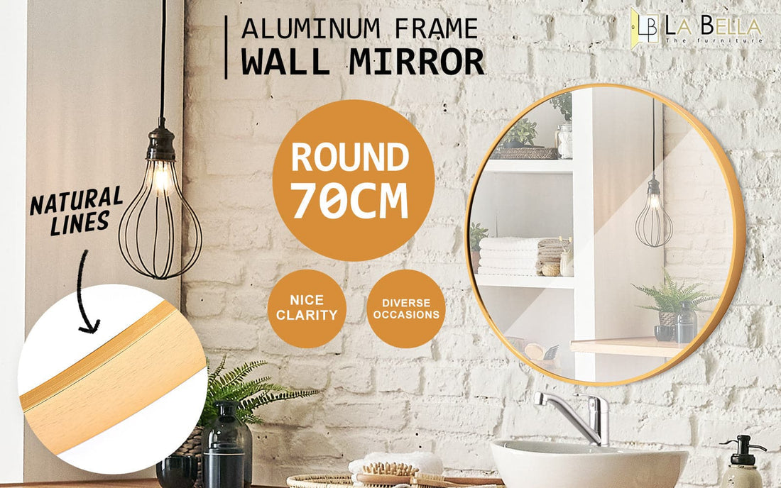 La Bella Gold Wall Mirror Round Aluminum Frame Makeup Decor Bathroom Vanity 70cm-Health &amp; Beauty &gt; Makeup Mirrors-PEROZ Accessories