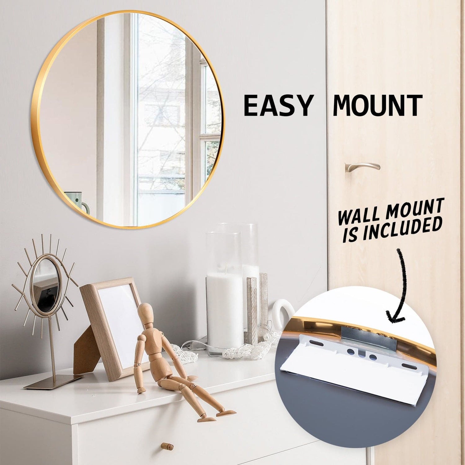 La Bella Gold Wall Mirror Round Aluminum Frame Makeup Decor Bathroom Vanity 70cm-Health &amp; Beauty &gt; Makeup Mirrors-PEROZ Accessories