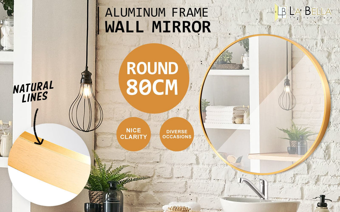 La Bella Gold Wall Mirror Round Aluminum Frame Makeup Decor Bathroom Vanity 80cm-Health &amp; Beauty &gt; Makeup Mirrors-PEROZ Accessories